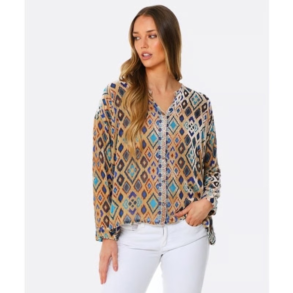 Johnny Was Multicolor Ikat Silk Blend Sheer Top